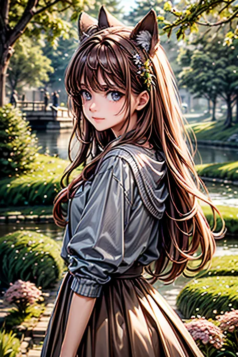 masterpiece, best quality, ultra-detailed, 1girl, detailed water, long hair, corkscrew curls, red hair, light grey eyes, (close-up), maple trees, everywhere mistletoe, gorgeous, maple and spruce trees, cherry, cherry tree, smile, view from front, wolf ears...