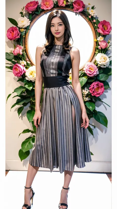 ((masterpiece)),(((Highest quality))),Thin thighs,Long legs,whole body:1.5，(One Girl:1.3),(Black high heels：1.3),(Wearing a floral striped mid-long flared skirt dress:1.2),Curly blonde hair:1.2、Model pose standing with legs apart:1.5，Bright expression:1.5