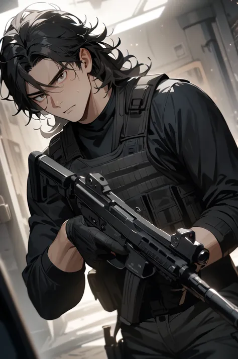 1boy, male focus, solo, casually holding pistol, wearing black t-shirt, black bulletproof vest, combat pants, black camo, mission: impossible, gear webbing, looking at viewer, indoors, upper body, cinematic angle,, (masterpiece), (best quality), (ultra-detailed), very aesthetic, illustration, disheveled hair, perfect composition, moist skin, intricate details,