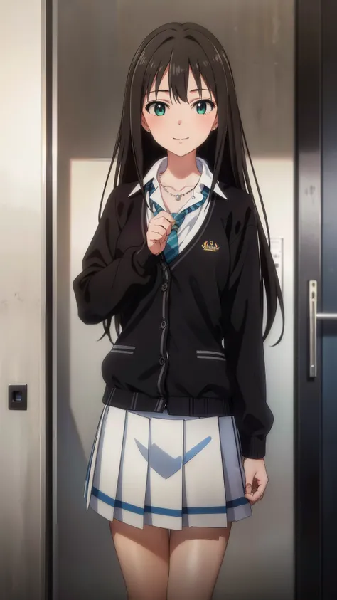 (masterpiece、Highest quality、In 8K、High resolution:1.2)、alone, One Girl, Rin Shibuya、smile、 school uniform、 cardigan, tie, necklace, View your audience、Cowboy Shot