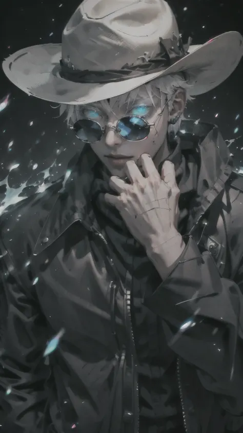 1 boy,rim light,looking_at_screen,masterpiece,best quality,solo,Gojo Satoru,highest detailed,cowboy hat,sunglasses,Glowing eyes,white hair,masculine,black shirt,black leather jacket,