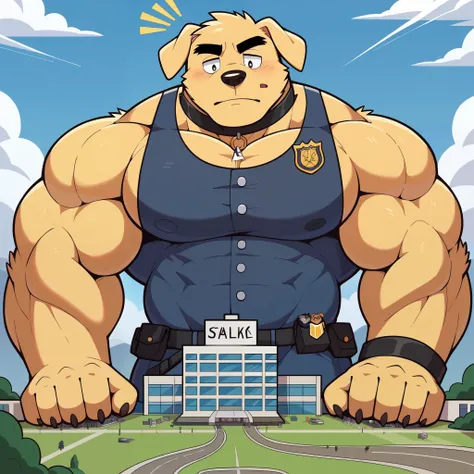  doodled golden retriever face,Humanity (Golden Retriever),pummelig,(  black eyebrows  :1.1),(perfect eyes),golden fur，（artist:Takemoto Arashi),（collar:1.3），paw，（black beard:1.3），（police uniform:1.3) Golden Retriever,(Massiv:3.0,big muscle:1.1(  heavyweigh...