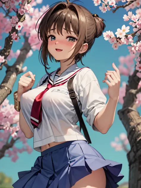 masterpiece,  Kampala, Garden Kinomoto_cherry blossoms,  1 girl,  beautiful view,skirt,Student Uniform、School uniform、Big Breasts、Climax、 orgasms 、Feeling facial expression、smile、 allows nipples to be seen through、blush、 short hair、Frills、The female genita...