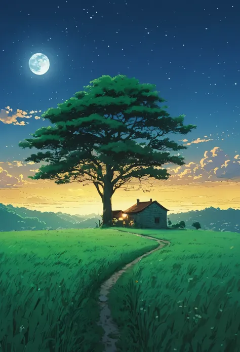 (Minimalism:1.4), Draw a simple Tintin style art,  an old small brick hut under a lonely tree  !!!,, Lonely view from afar field night serene top meadow road moon golden clouds!!!!   ultra-microdetailed !!!  serene fireflies dream lighting vast incredible ...