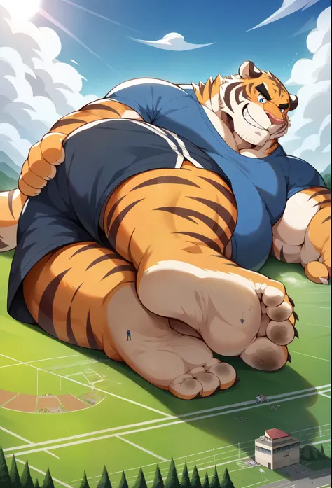 nj5furry, white tiger, Lonely， beast field ，pummelig, thick arms，strong muscles，Shorts，Plush ，chubby face，  black eyebrows  ，sky blue eyes，bart，Grin:1.1，lying on the grass,on the stomach,  Vati,  (From underneath:1.1)，lie down，（Shirt,Shorts），sunlight  , sm...