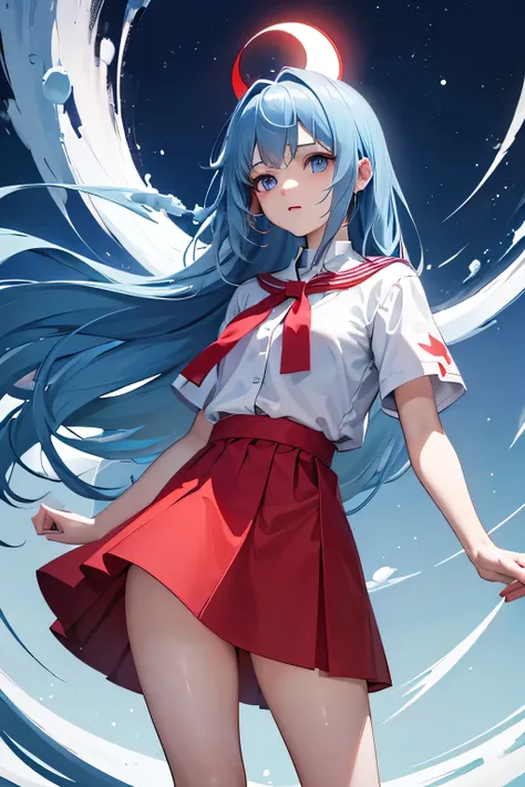 Aqukplay is a young woman with a medium red skirt and long socks that reach the white and red thighs with blue edges and blue eyes with small and white waxing moons an 18-year-old girl with long blue hair that reaches the hips of her legs wearing a white r...