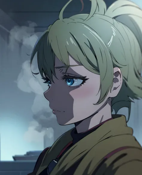Close up, There is a woman alone in the town of silent hill done in a anime style, strange atmosphere, silent hill inspired, silent hill promotional image, visually alluring, clever use of liminal imagery, cold colors, muted colors, subject is wearing a dr...