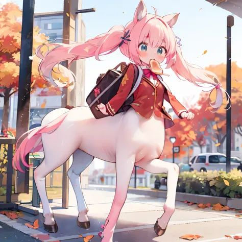 masterpiece, Ultra-high-definition CG,  best quality  , young , Centaur，  Pink Twin Tails  ,Winter uniform，Toast in the mouth, running,  city street， Autumn leaves，