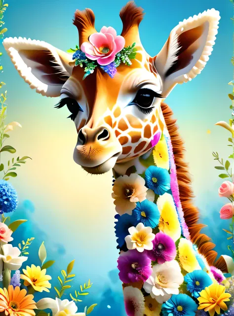 pam-flwr cute baby giraffe made of flowers,savannah background,realistic,highly detailed,realistic,lifelike,studio photo,highly detailed,colors,dynamic,cinematic,masterpiece,intricate,hdr,abstract fractal,