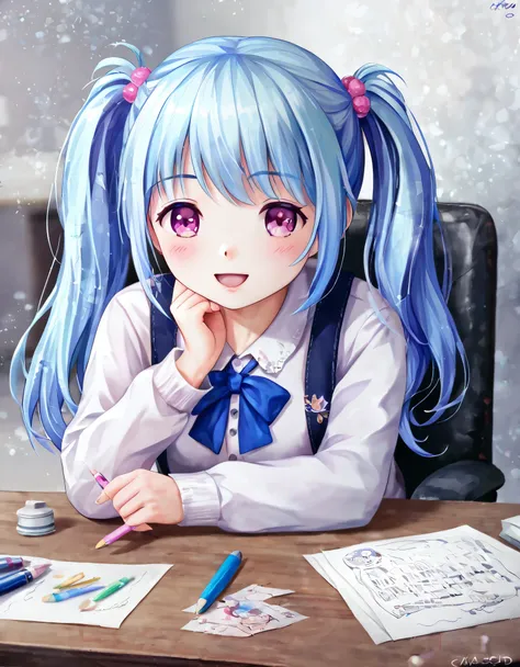 long light blue hair 、beautiful girl with twin tails、 drawing with crayons、smile、 blue haired anime girl drawn on a piece of pap...