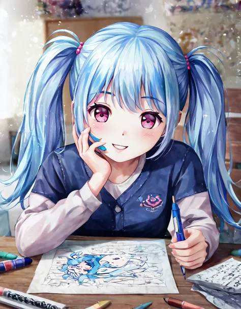 long light blue hair 、Beautiful girl with twin tails、 drawing with crayons、smile、 blue haired anime girl drawn on a piece of paper, Realistic cute girl drawing, Cute realistic portrait, cute art style , Realistic anime art style , cute digital painting...
