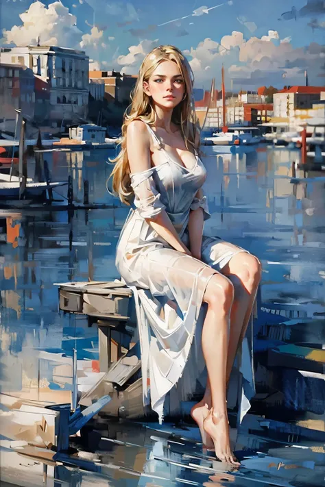 masterpiece кинематографического фото, photo cinematic photo a russian beauty ,  Big blue eyes,  blonde,  superdetailed , Ultra Sharp, (( Best quality , symmetry)), ((masterpiece)), A masterpiece of cinematographic photography stands on Moscows waterfront ...