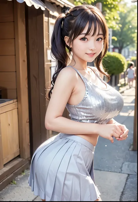 (Best Quality、masterpiece:1.3、 super high definition)、( very detailed 、 caustics ) (Real:1.4、RAW shooting、)超Realキャプチャ、 very detailed 、 natural skin texture 、masterpiece、(silver sequin tank top、Japanese girl wearing pleated skirt:1.3)、 elementary school gir...