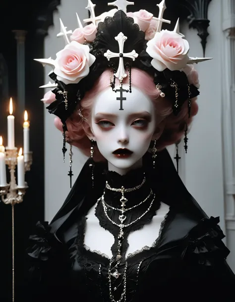 HighestQuali， masterpiece ：1.2，detailed details，1 gothic girl，black victorian dress， Beautiful headpiece  ，Bust，pink flower，crosses，silver ornaments 、redheadwear、 colorful hair with Victorian bow hairstyle 、updo hairstyle, pale skin、 Black lipstick and eye...