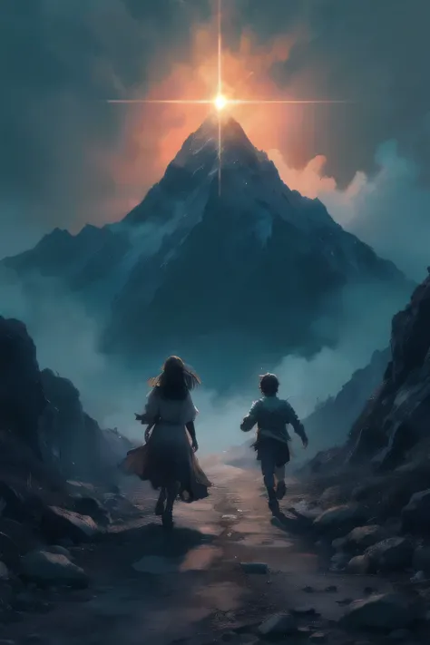 A highly detailed, dramatic, and colorful book cover for the novel The Road to the Black Mountain Peak. The scene features two main characters, Leila and Ahmed, running separately toward a distant, glowing mountain peak, which appears like a star emitting ...