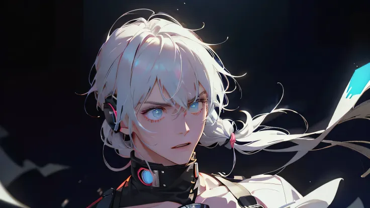 Male Vocalist、32K,Best Quality、High image quality、film quality、Sing a Song,a beautiful detailed vocaloid Boy with  white hair, singing on a futuristic concert stage, wearing high-tech headphones, microphone in hand, ultra-detailed, 8k, photorealistic, cine...