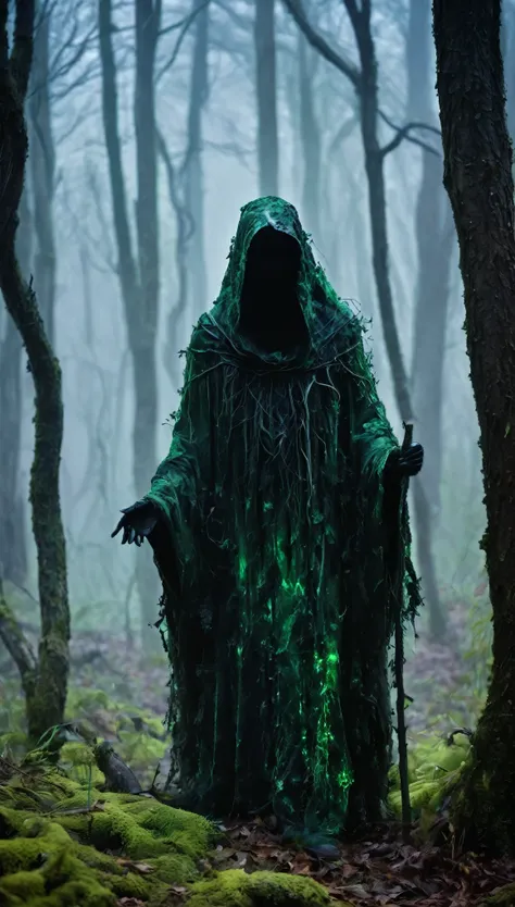 In the heart of a twisted, haunted forest cloaked in perpetual twilight, The Wraith Keeper emerges, a terrifying figure shrouded in mist. Its face is hidden behind a mask made of dark, petrified wood, smooth and featureless except for a single crack runnin...