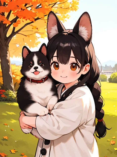 ( best quality ,4K,8k, Kampala,masterpiece:1.2),  very detailed , (Deformed, Realistic, Realistic:1.3)，One ，cute ，Very short，Laugh happily,  Brown Eyes , Fluffy, Black hair braids，White Dress，，That dog is bigger than the girl ......，This dog is an Akita....，犬はFluffy，Dog hugging a girl， Akita dogs have white panties stuffed in their mouths:1.8，Autumn rural house and garden background，