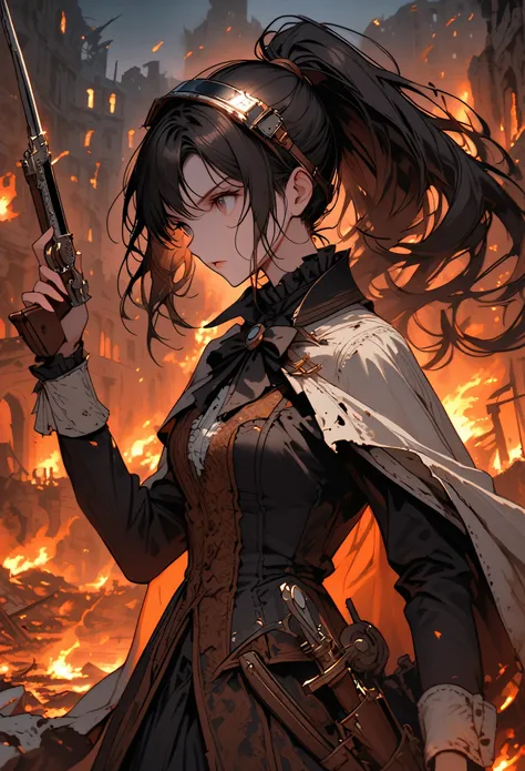 solo, female, close up, cowboy shot, long hair, ponytail, brown-black hair, head-mounted device magical device, holding weapon, musket, night, ruins, fire, destroyed city, combat, dynamic pose, worn clothes, cape, victorian era, antique technology, huntress