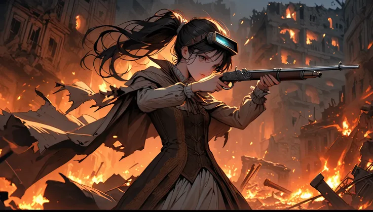 solo, female, close up, cowboy shot, long hair, ponytail, brown-black hair, head-mounted device magical device, holding weapon, musket, night, ruins, fire, destroyed city, combat, dynamic pose, worn clothes, cape, victorian era, antique technology, huntres...