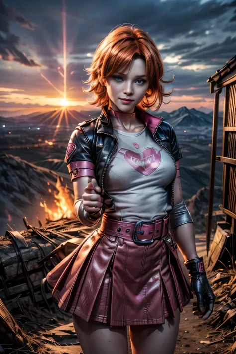 cowboy shot, beautiful (nora_valkyrie), looking at viewer, smiling, lips, short hair, blue eyes, orange hair, hoop earring, heart design on t-shirt, gloves, jacket, pink skirt, pink belt, short sleeves, puffy sleeves, single armband, fingerless gloves, bl...