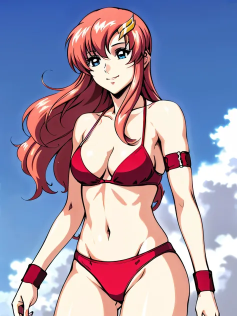 lacus4, (red bikini:1.5), (running, thong, (tall girl:1.5), (biceps:1.1), (hair details:1.3), (pale skin:1.2), (face details:1.0), masterpiece, cowboy shot, very slim shoulders, 4K, (Best Quality:1.2), Anime style: 1.9, happy, Adult Woman, (ultra detailed ...