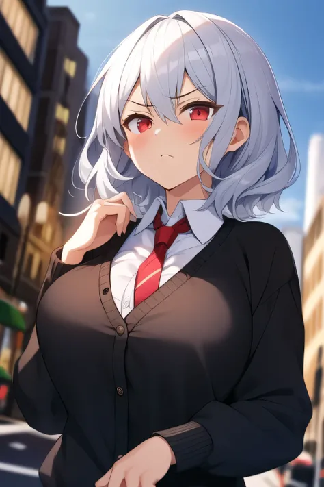 best quality, ultra-detailed, extremely detailed C, anime, 1 girl, solo, solo focus, short hair, silver hair, wavy hair, tired hair, red eyes, tsurime, POV, dutch angle, large breasts, determined, standing, In the city, blurry background, street style, over size clothes, over size sweater, looking up at viewer, blurry background, upper body, school uniform, Wearing black school sweater, Leave the second button undone, Loosed tie, start walking, contemptuous good, disappointed, disdain, badmood, serious,