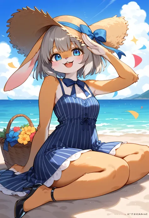 score_9, score_8_up, score_7_up, score_6_up, score_5_up, score_4_up, source_anime, best quality, amazing quality, very aesthetic, absurdres, 1girl, (furry, kemono:1.3), rabbit, solo, hat, blue eyes, salute, short hair, dress, smile, open mouth, sitting, looking at viewer, brown hair, outdoors, day, blue dress, blush, ribbon, :d, sun hat, dated, sky, straw hat, basket,  username, grey hair, cloud, ocean, striped clothes, striped dress, character name, artist name, sundress, high heels, vertical-striped dress, blue sky, happy birthday, sleeveless