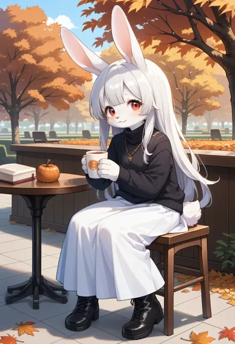 score_9, score_8_up, score_7_up, score_6_up, score_5_up, score_4_up, source_anime, best quality, amazing quality, very aesthetic, absurdres, 1girl, (furry, kemono:1.3), rabbit, rabbit ears, cup, solo, long hair, red eyes, skirt, white skirt, long skirt, sitting, holding, long sleeves, holding cup, smile, autumn leaves, autumn, table, tree, black footwear, sweater, white hair, black sweater, necklace, closed mouth, turtleneck, boots, jewelry, full body, looking at viewer, outdoors, blush, stool, grey hair, book, tiles, black shirt