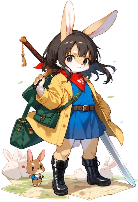 score_9, score_8_up, score_7_up, score_6_up, score_5_up, score_4_up, source_anime, best quality, amazing quality, very aesthetic, absurdres, 1girl, (furry, kemono:1.3), rabbit, rabbit ears, chibi style, weapon, sword, female focus, solo, bandana, boots, bag, full body, map, black eyes, sheath, black hair, white background, simple background, belt, brown hair, holding, sheathed, A detailed digital illustration of a young girl in a yellow coat, blue shirt, and black boots, holding a sword and a green bag. The illustration is set against a white background.