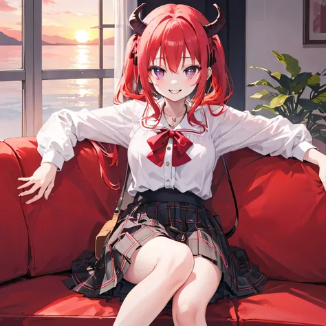 Satanichia McDowell beautiful little face with a nice smile watching a beautiful sunset
in an open and large window
Sitting on a couch
beautifully dressed in a kilt and a white blouse 
Semi-long red hair
tied with 2 pigtails, and detailed magenta eyes
nice...