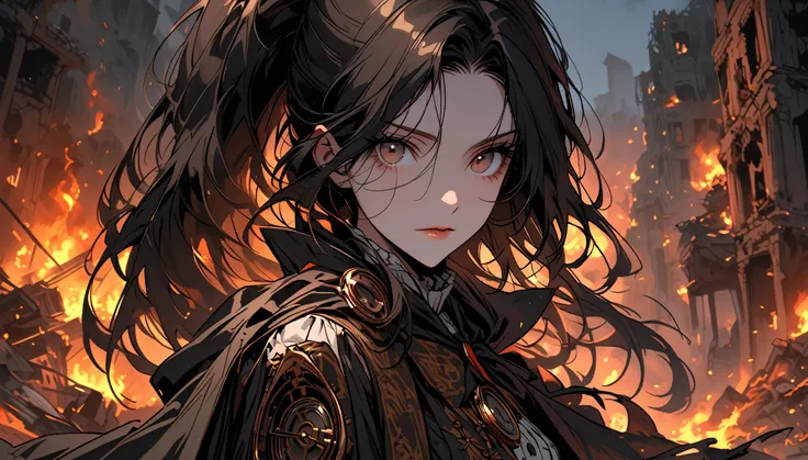 solo, female, close up, long hair, ponytail, brown-black hair, head-mounted clockwork bronze device, clockwork musket, night, ruins, fire, destroyed city, worn clothes, cape, victorian era, huntress, aiming at viewer