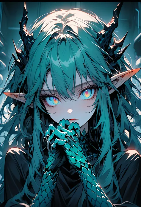 solo, female, close up, long hair, wild hair, teal eyes, slender, scaly ears, pointed ears, dragon girl, futuristic, bright eyes, simple clothes, claw hands, scaled hands, ethereal scales, hospital, robes, science fiction, curious