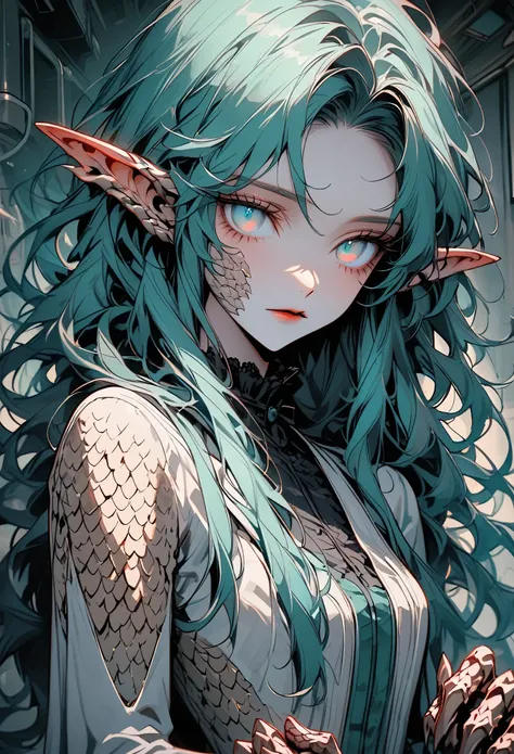 solo, female, close up, long hair, wild hair, teal eyes, slender, scaly ears, pointed ears, dragon girl, futuristic, bright eyes, simple clothes, claw hands, scaled hands, ethereal scales, hospital, victorian era, in love