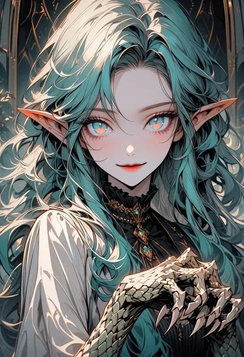 solo, female, close up, long hair, wild hair, teal eyes, slender, scaly ears, pointed ears, dragon girl, futuristic, bright eyes, simple clothes, claw hands, scaled hands, ethereal scales, luxurious office, victorian era, loving smile