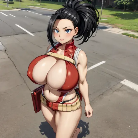 anime, too detailed, detailed body, oiled body, detailed background, detailed eyes, highly detailed face, extremly detailed body, overly detailed image, 4K, 8k, masterpiece, best quality, high resolution, 1 girl, Momo Yaoyorozu, black hair, ponytail, hair ...