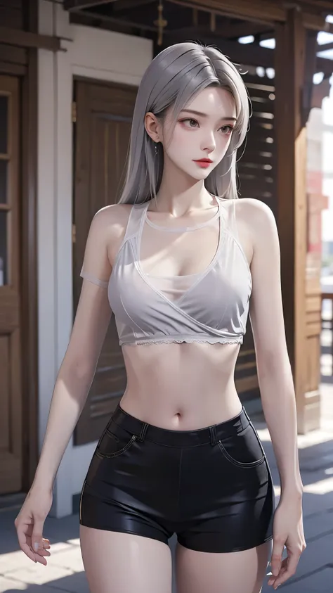 lace，lace连裤袜，高跟鞋urban  beautiful  girl college student, masterpiece, light makeup, red lips, silver hair, messy long hair,  stre...