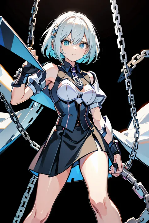 Android Girl,white hair,short and messy hair, purple neon eyes, Holding a chain whip,chains on the hands,chains action, chains around her arm, very cute, skirt, white blouse, cyberpunk theme