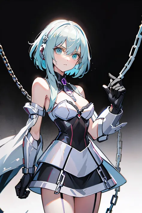 Android Girl,white hair,short and messy hair, purple neon eyes, Holding a chain whip,chains on the hands,chains action, chains around her arm, very cute, skirt, white blouse, cyberpunk theme