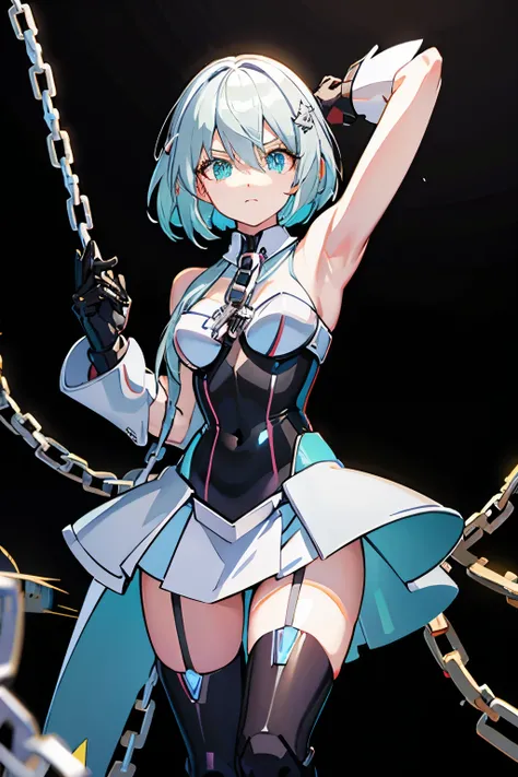 Android Girl,white hair,short and messy hair, purple neon eyes, Holding a chain whip,chains on the hands,chains action, chains around her arm, very cute, skirt, white blouse, cyberpunk theme