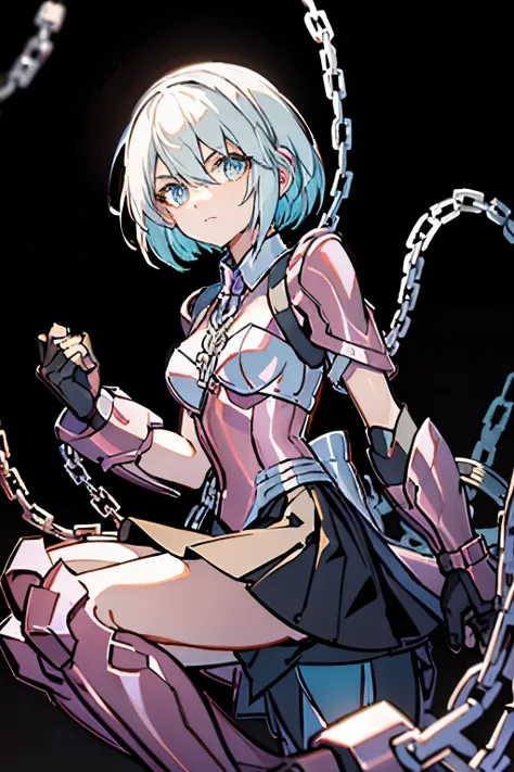 Android Girl,white hair,short and messy hair, purple neon eyes, Holding a chain whip,chains on the hands,chains action, chains around her arm, very cute, skirt, white blouse, cyberpunk theme