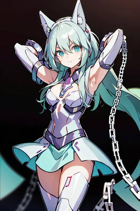 Android Girl,white hair,short and messy hair, purple neon eyes, Holding a chain whip,chains on the hands,chains action, chains around her arm, very cute, skirt, white blouse, cyberpunk theme
