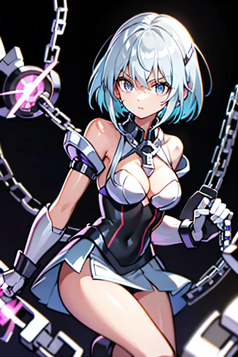 Android Girl,white hair,short and messy hair, purple neon eyes, Holding a chain whip,chains on the hands,chains action, chains around her arm, very cute, skirt, white blouse, cyberpunk theme