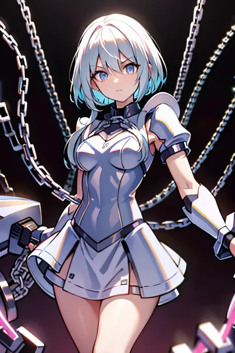 Android Girl,white hair,short and messy hair, purple neon eyes, Holding a chain whip,chains on the hands,chains action, chains around her arm, very cute, skirt, white blouse, cyberpunk theme