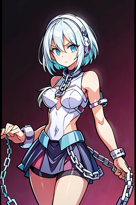 Android Girl,white hair,short and messy hair, purple neon eyes, Holding a chain whip,chains on the hands,chains action, chains around her arm, very cute, skirt, white blouse, cyberpunk theme