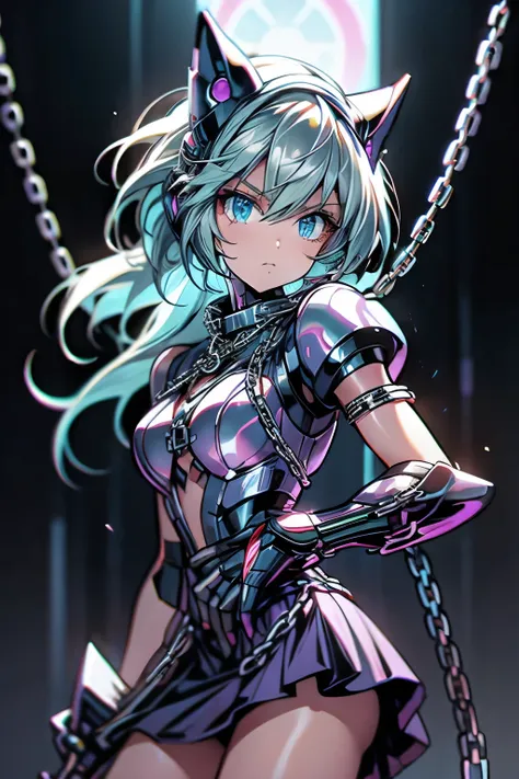 android girl,white hair,short and messy hair, purple neon eyes, holding a chain whip,chains on the hands,chains action, chains a...