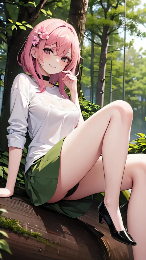 score_9, score_8_up, score_7_up, mnstr, monster girl, 1girl, plant girl, A beautiful woman is sitting on a log in an forest holding a flower, pink flower, dew drop, trees, fog, looking at viewer, seductive smile,