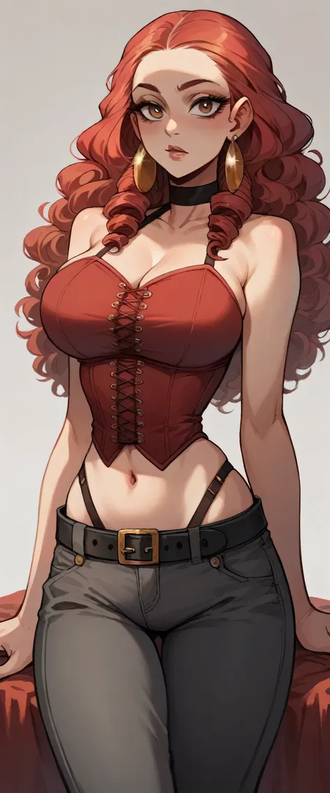 A beautiful woman big breasted Bella sexy sexy sexy red hair wavy shiny curly long straight her eye light red long eyelash dresses red corset top shows navel and dark gray pants black belt black heel gold ear earring 