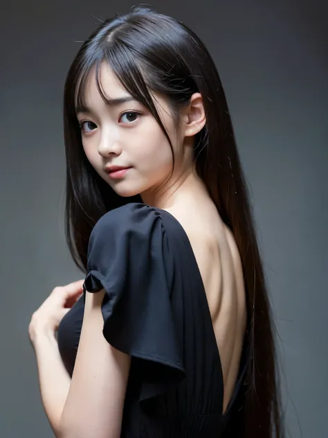 (Best-quality, Masterpiece, Ultra-High-Resolution, (Photorealistic:1.4), Raw Photo, depth of field, professional lighting, perfect anatomy, extremely details), ((back-view)), (1girl, ((15-years-old)), the most famous Japanese idol, looking back, innocent s...