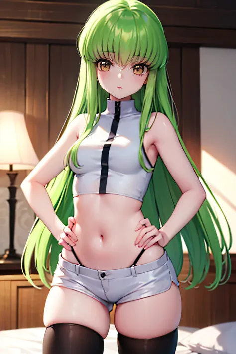 score_9, score_8_up, score_7_up, anime screencap break,
1girl, c.c., bangs, green hair, long hair, yellow eyes,
bare shoulders, ...